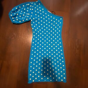 Zara small one shoulder polka dot knit dress women’s blue mini party